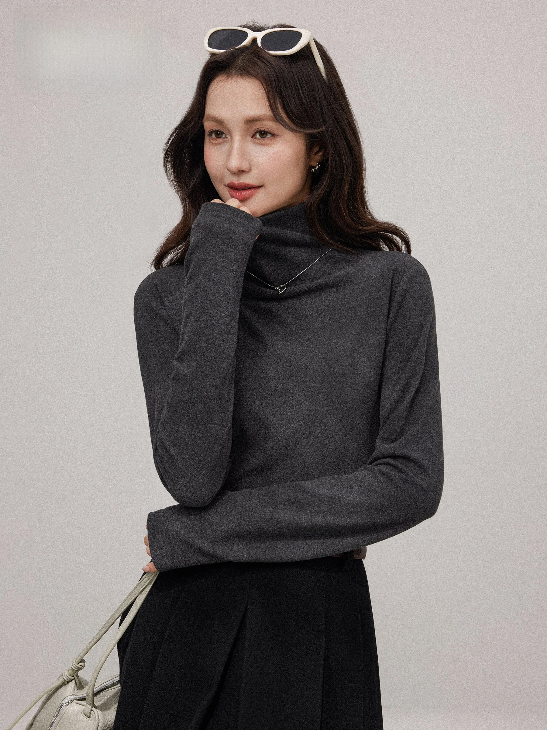 

Gray High Collar Long Sleeve Base Shirt Women's Autumn Winter Korean Style Versatile Slimming Inner Wear Top Casual Style