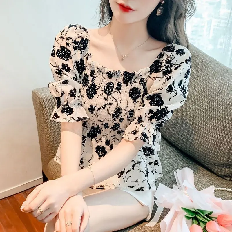 

Chiffon Shirt for Women Short-sleeved New Slim Waist-hugging Retro Square Collar Puff Sleeve Top