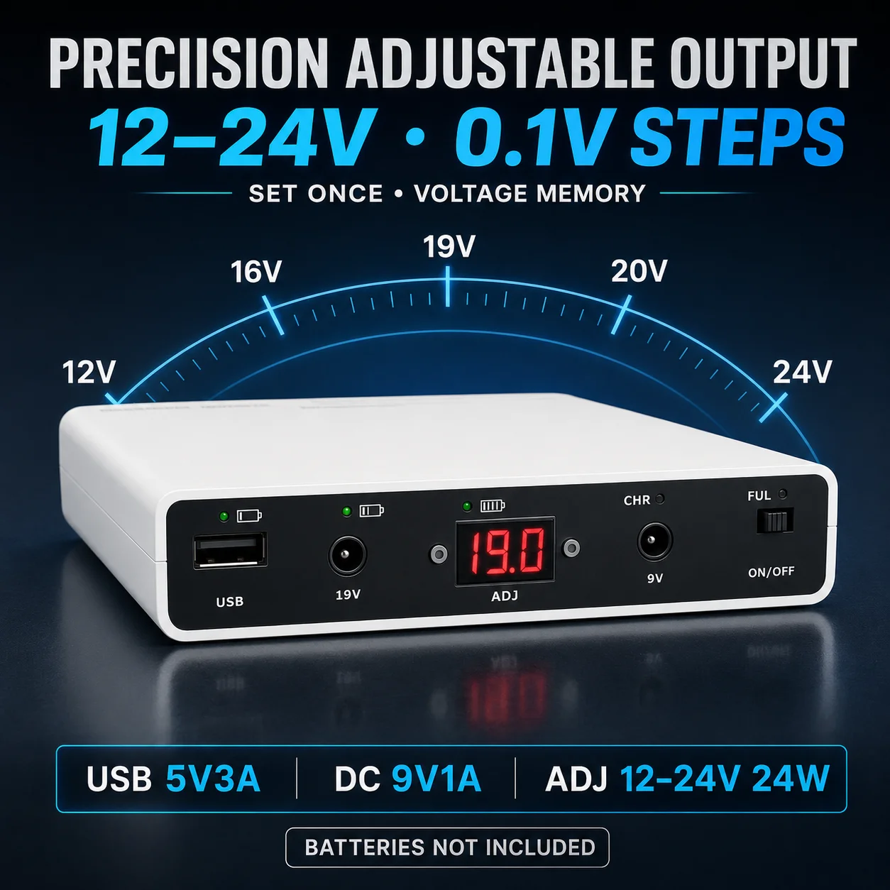 12 Cell 18650 UPS Battery Box Solderless 5V 9V 12-24V Adjustable 24W Backup Power Supply for Router CCTV Modem
