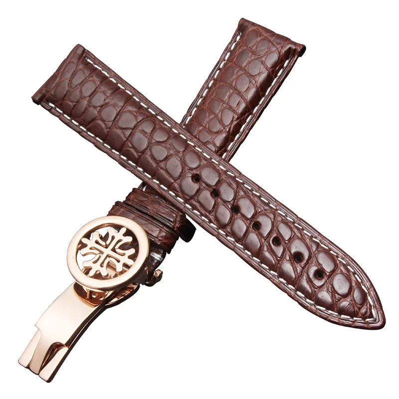 สายหนังจระเข้สีดำ19มม. 20มม. 21มม. 22มม. 24มม. ตะขอพับ PP เหมาะสำหรับนาฬิกา Patek Philippe