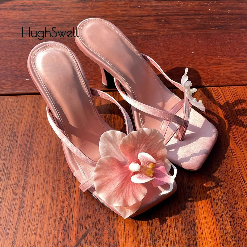 Luxury Butterfly Orchid Flower Mule Slides Woman Brand Design Elegant Satin Silk Stiletto Sandals Ladies Evening Party Heel Shoe