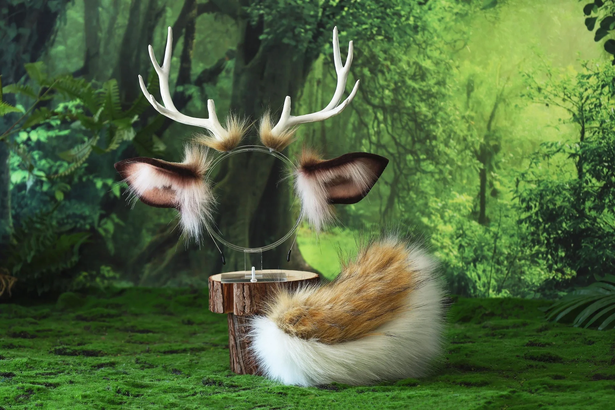 Brown deer ears with antlers accessories costume, plush realistic animal ears and tail, anime party cute pet role-playing 2