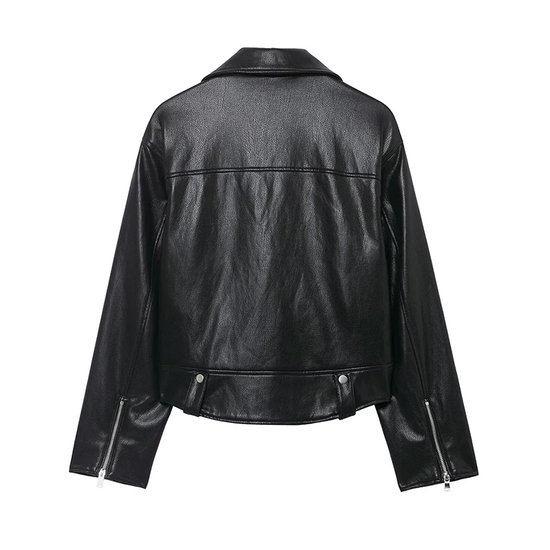 Willshela سترات نسائية عصرية من البولي يوريثان بسحاب أمامي أسود عتيق ورقبة على شكل طية صدر وأكمام طويلة ملابس نسائية أنيقة #2