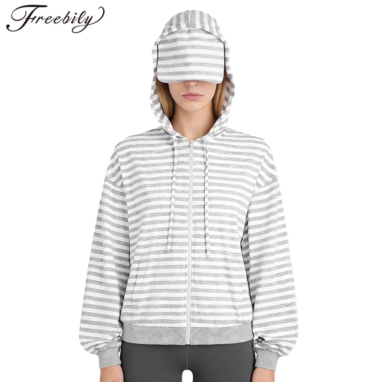 

Женские полосатые толстовки на молнии с длинными рукавами, легкие повседневные кардиганы, куртка с маской для глаз, солнцезащитная куртка