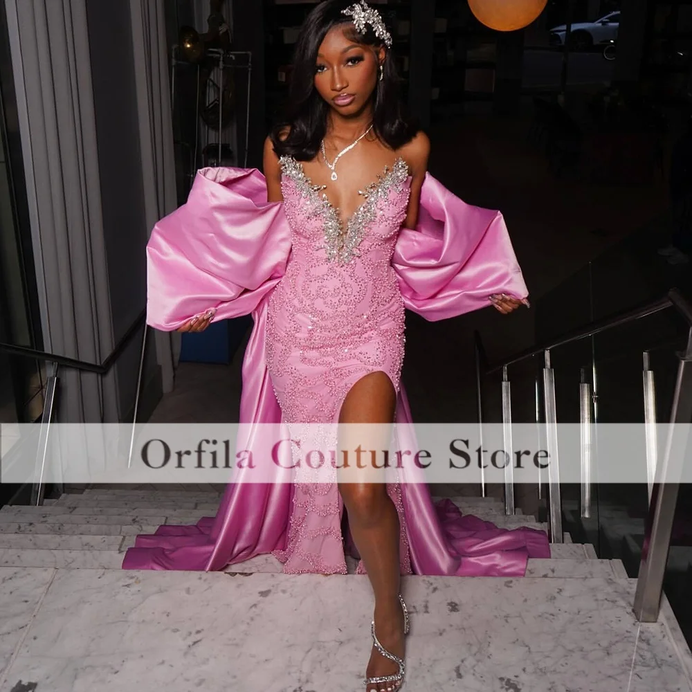 Pink Prom Dresses For Girls 2026 With Train Long Mermaid Luxury Crystals Beading Sweetheart Evening Gowns Gala Gown Customized