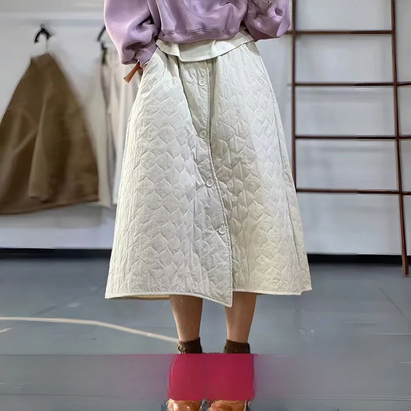 

Pure Color Winter New Korean Faion Anti-Aging Loose Individual Single Row Oblique Button Cotton Diamond id f Skirt