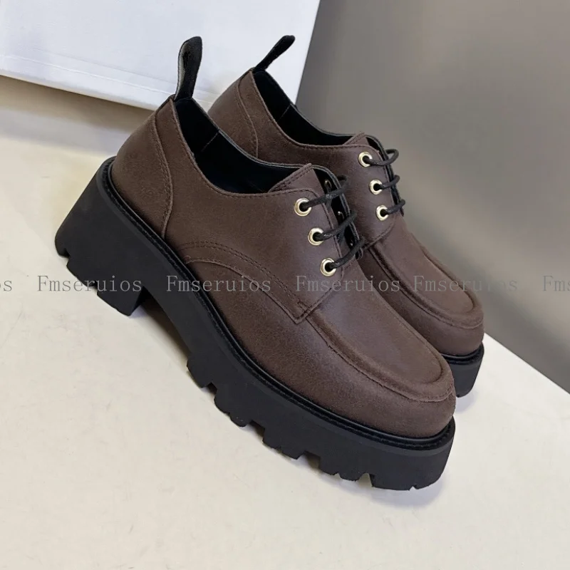 

Женские модные лоферы, кожаная обувь, повседневные лоферы на плоской подошве со шнуровкой и круглым носком, толстая подошва, простой дизайн, качественные повседневные лоферы