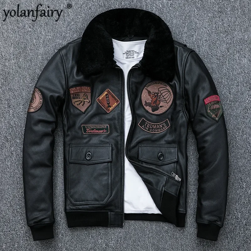 

AYUNSUE Real Genuine Leather Jacket Men 2020 Autumn Winter Cow Leather Coat Wool Fur Collar Cowhide Flight Jacket Parka KJ4957