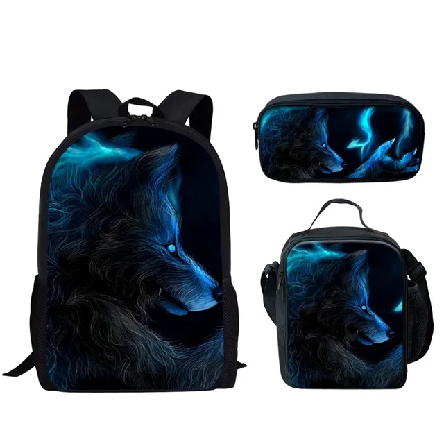 Bolsa escolar lobo e lua 3D para adolescente, animal legal, mochila casual para homens, bolsa de ombro dupla para crianças, mochila infantil, menino