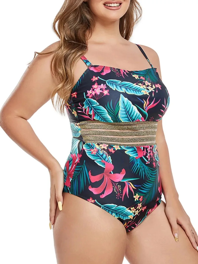 Floral Large Size Beauty Print One Piece Swimsuit Women Hollow Out Swimwear Female Bathers Bathing Swimming Swim Suit Beachwear