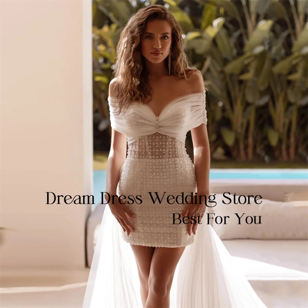 DREAM Sweetheart Short Sheath Wedding Dress Off The Shoulder Pleat Lace Illusion Back Bridal Gown Vestidos De Noiva Customized