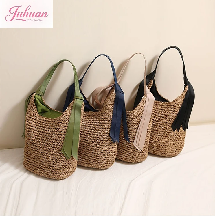 

2025 Summer New Japanese Streamer Straw Shoulder Straw Bag Ladies Large Capacity Seaside Vacation Beach Bag Fashion Straw Bags