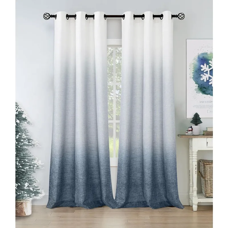 Ombre Rayon Blend Heavy Linen Texture Window Curtain Panel 6 Grommets Top Gradient Cream White To Indigo Blue