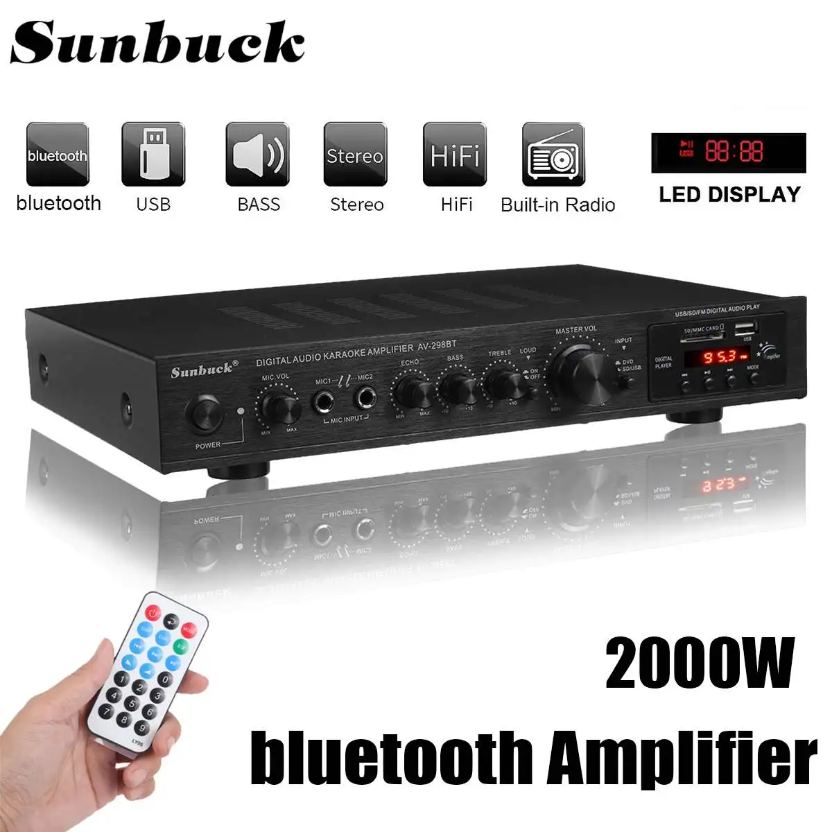 

SUNBUCK 2200W bluetooth 5 Channel Power Amplifier HiFi Stereo Speaker Amp Support FM Radio 2 Mic USB SD Card Input