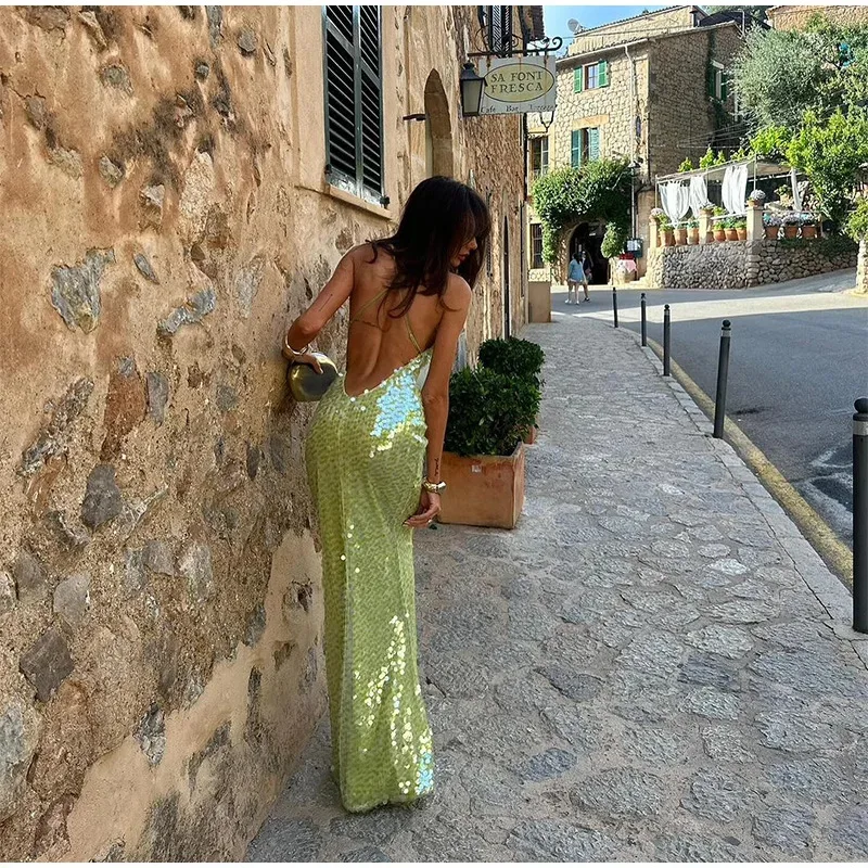 Sparkling Green Sequins Backless Women Sexy Maxi Evening Party Dress Spaghetti Straps Bodycon Clubwear Long Robe Birthday Outfit