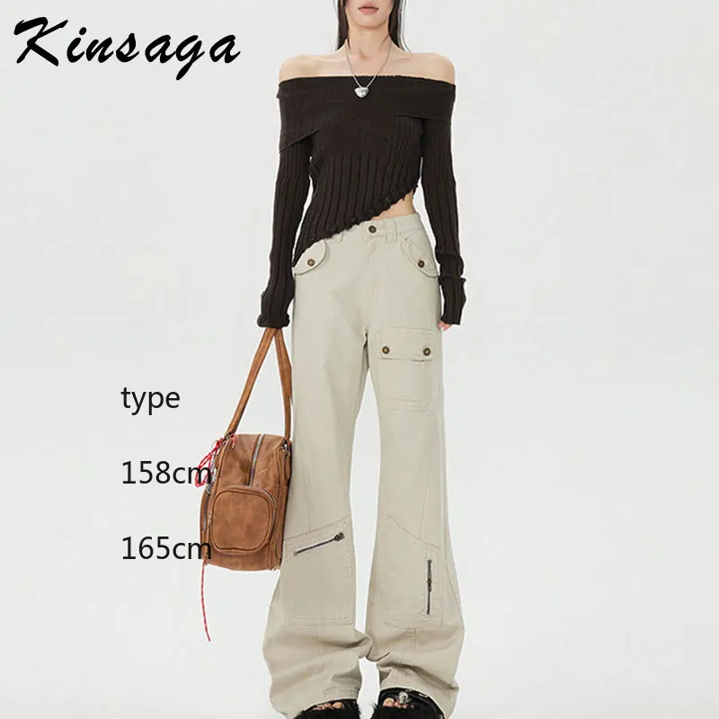 Y2K Girl Straight Garment Dyed Jean Military Cargo Pants Streetwear Extra Long Multi Pockets Fit Wide Flare Leg Tall Trousers