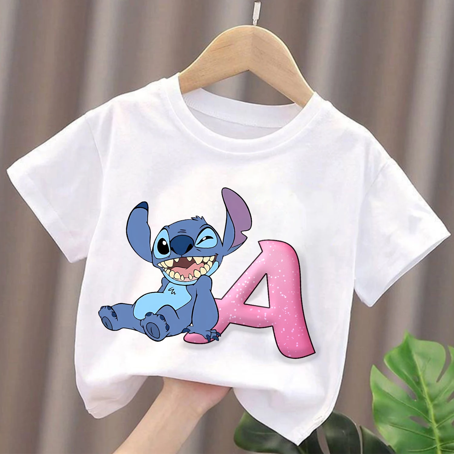 

Stitch Disney T-shirt for Children Girls Letter A-Z Tee Top Kawaii Cartoon Round Collar Clothes Fashion Kids White Clothing Gift