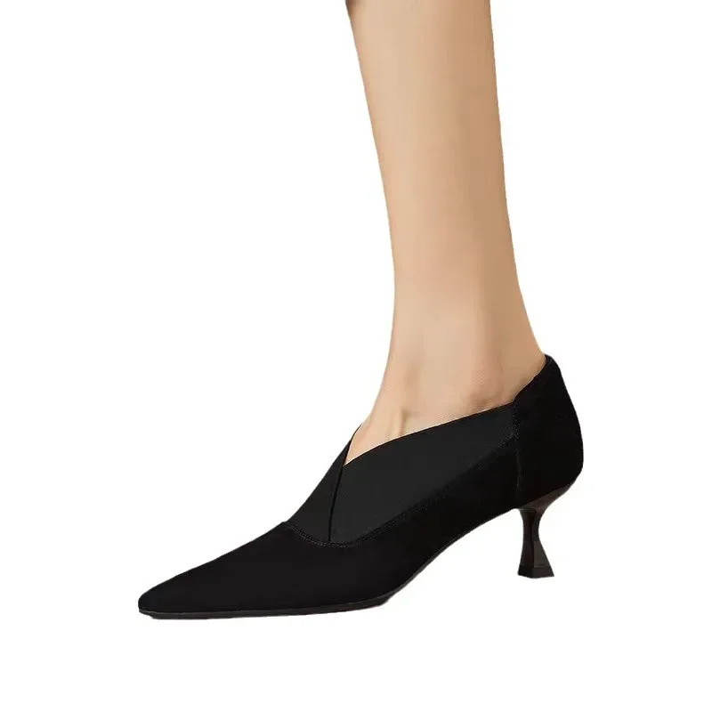 French Retro Pointed Thin Heeled Short Boots with Kitten Heels Ankle Boots, Combined with Elastic Deep Cut High Heels for Women