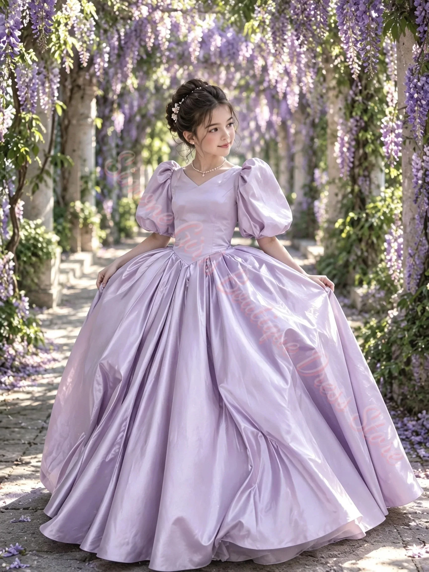 Großhandel Rosa Blumenmädchenkleid Kleine Brautjungfer für Hochzeit Bischoßärmel Bodenlang Maßgeschneidertes Satin-Abendkleid für Kommunion – Detail 3
