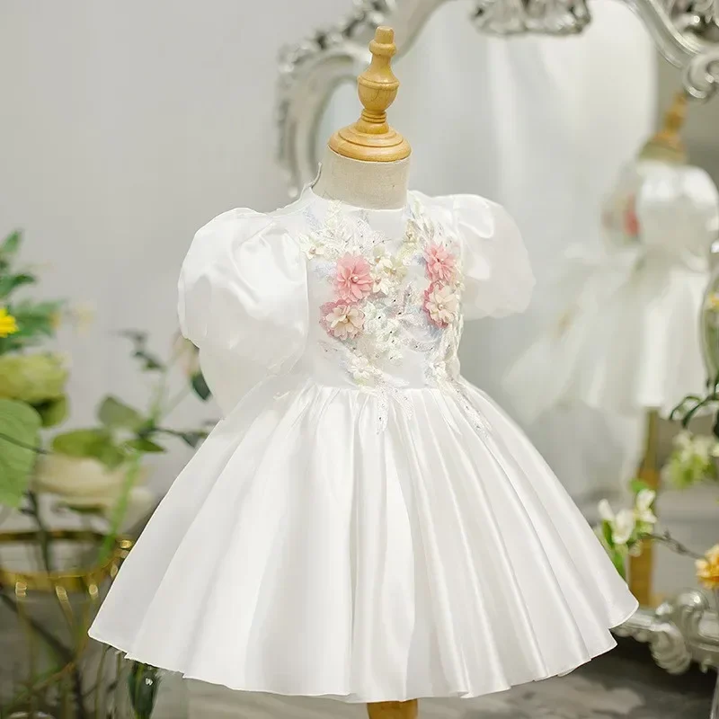 

Baby Girl Princess Flower lace Silk Dress Short Puff Sleeve Child Vintage Bow Vestido Party Pageant Birthday Baby Clothes 1-12Y