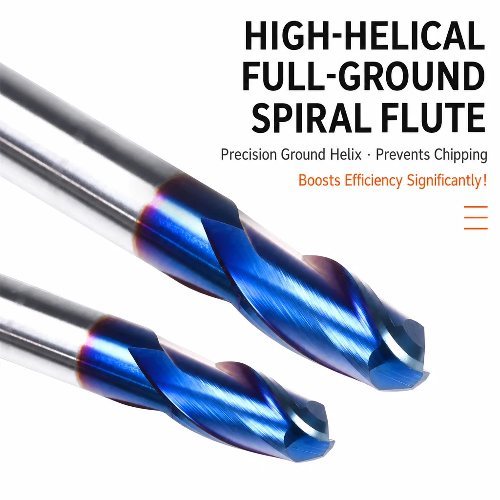 Solid carbide 2-flute ball nose end mill (65 HRC) for semi-finishing and finishing curved surfaces on high-hardness steel