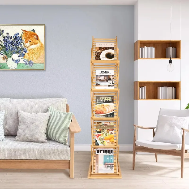 حامل أرضي للمجلات قابل للطي عالي الجودة، حامل عرض كتيب من خشب الخيزران للمكتب المنزلي