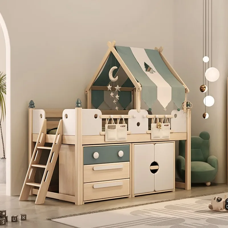 Half-height bed multi-functional combination storage bed, solid wood children's fun tent tree house single bed