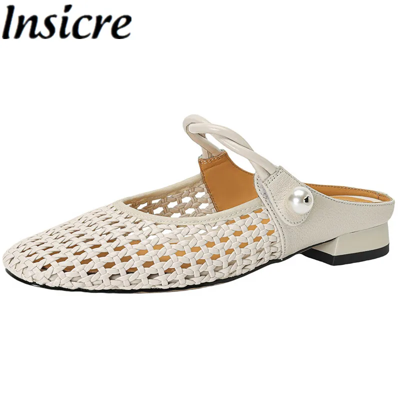 

Insicre 2024 Elegant Women's Slippers Special Material Thick Low Heels Square Toe Handmade Summer Shoes Shallow Mary Janes