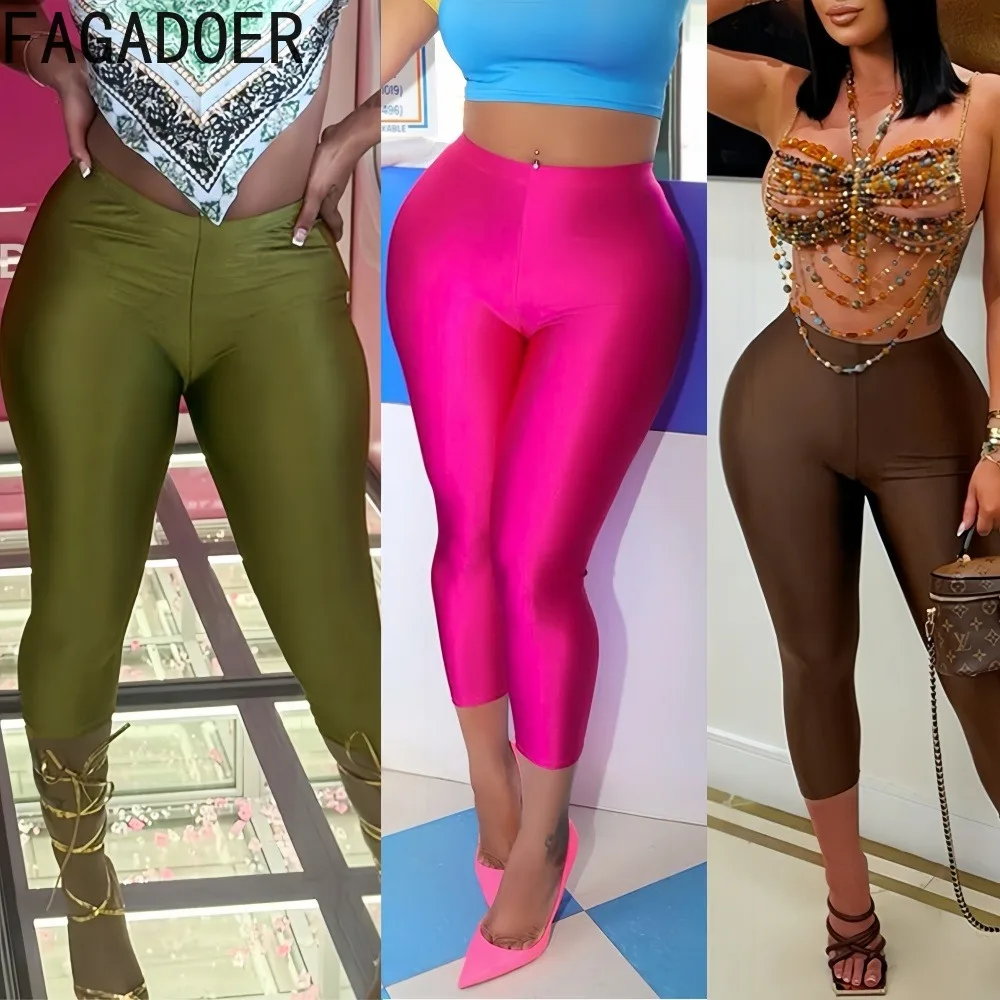 

FAGADOER Fashion Solid Color Patchwork Bodycon Pants Woman Glossy Silky High Waist Pants Female Streetwear Bottoms 2026 New