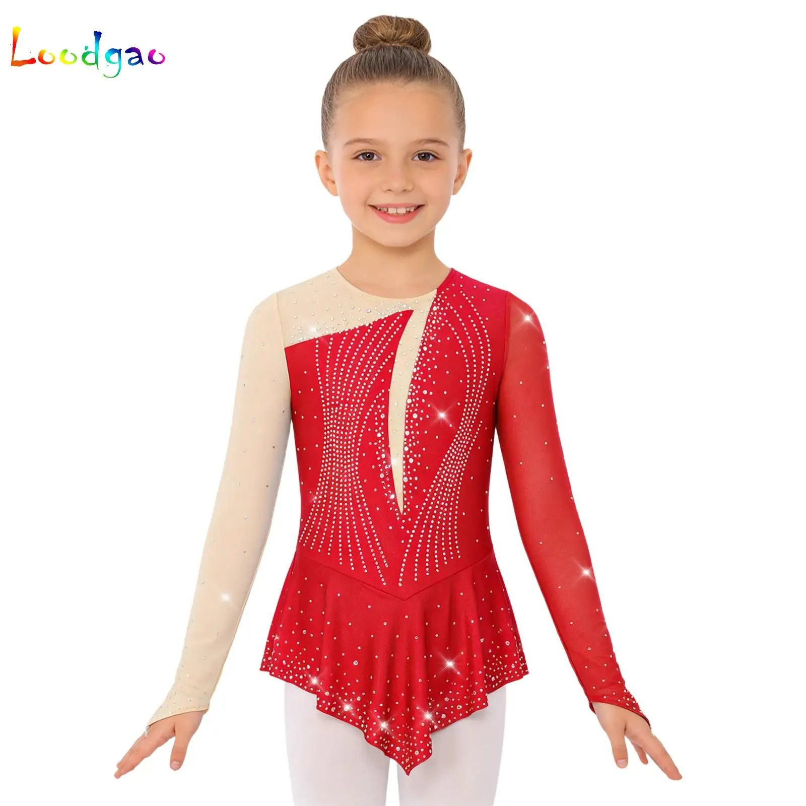 

Artistic Figure Skating Lyrical Dancewear for Kid Girls Shiny Rhinestones Asymmetrical Hem Dress Gymnastics Ballet Dance Costume