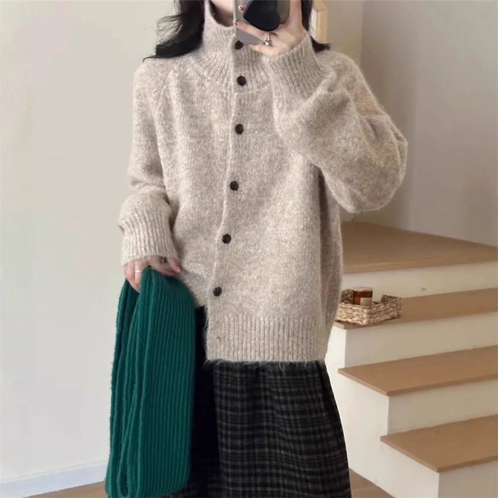 

2025 Retro High Collar Flower Thread Sweater Jacket for Women Winter New Style Loose Autumn Knitted Cardigan
