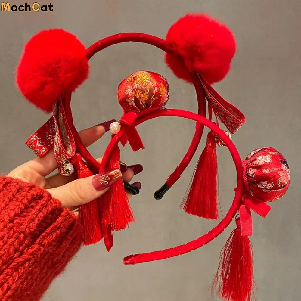 

Red Hairband New Year Hair Band Flower Hairball Red Bow Headband Felt Hair Hoop Tassel Chinese Style Headdress New Year Gift