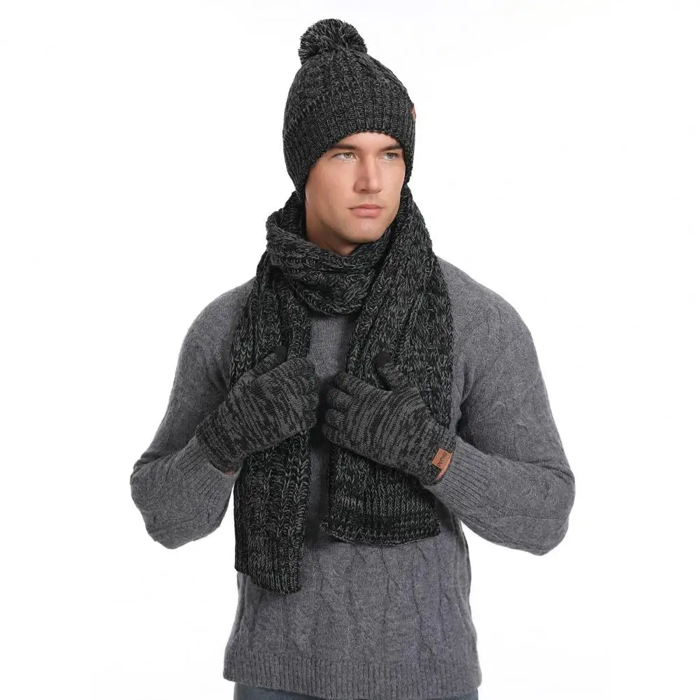 Gorro de punto de acrílico suave para hombre, conjunto de bufanda, guantes de pantalla táctil, deportes al aire libre, esquí, Invierno