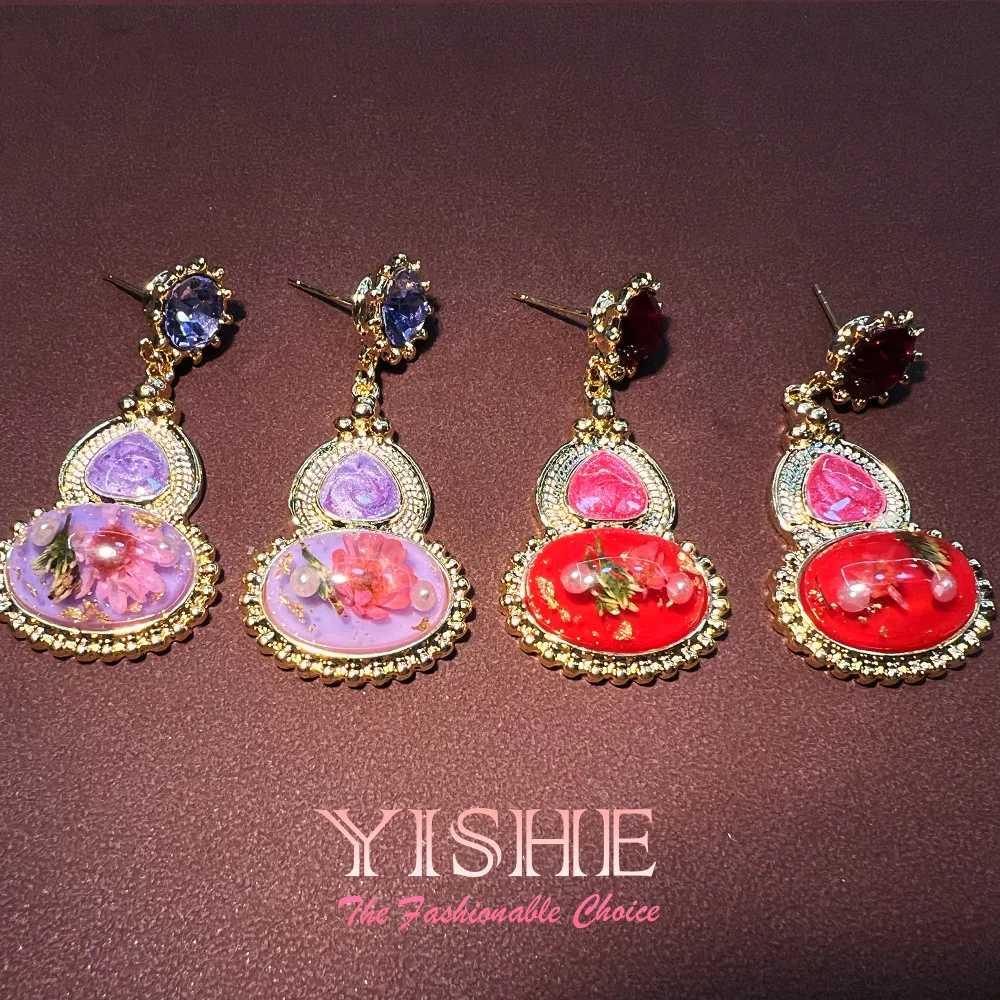 New Chinese dried flower gourd earrings, classical elegance temperament plated with real gold S925 niche design, advanced antiqu