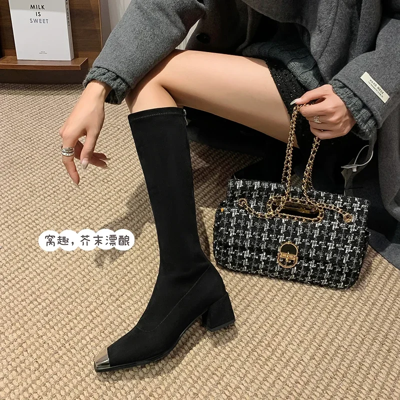 2026 new autumn winter women knee-high boots 22-24.5cm Elastic fabric square toe short boots high heel Skinny boots square heel