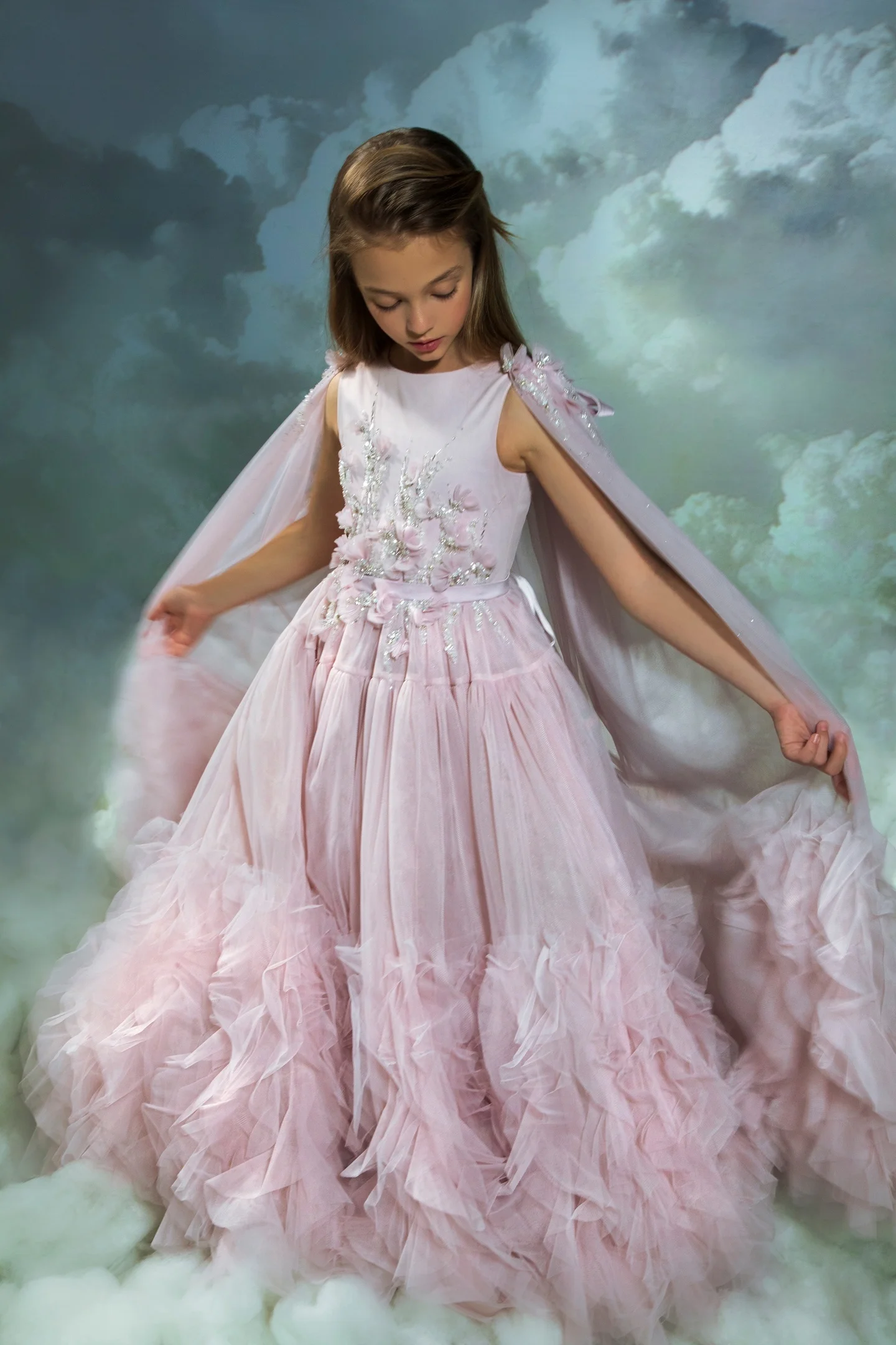 Blush Pink Flower Girl Dresses With Cape Customized Floral Ruffles Princess Baby Girl's Birthday Party Gowns Kids Pageant Dress