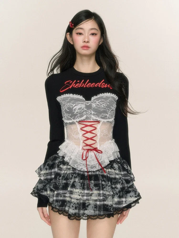 

ADAgirl Y2k Lace Patchwork T-shirts for Women Coquette Ruffles Long Sleeve Top Letter Graphic Tees Fairycore Aesthetic Clothes