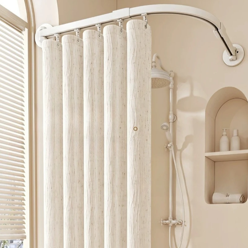 Print Linen Textured Waterproof Mildew Proof Shower Curtain No‑Drill Telescopic Curved Rail Bathroom Dry Wet Separation Curtain