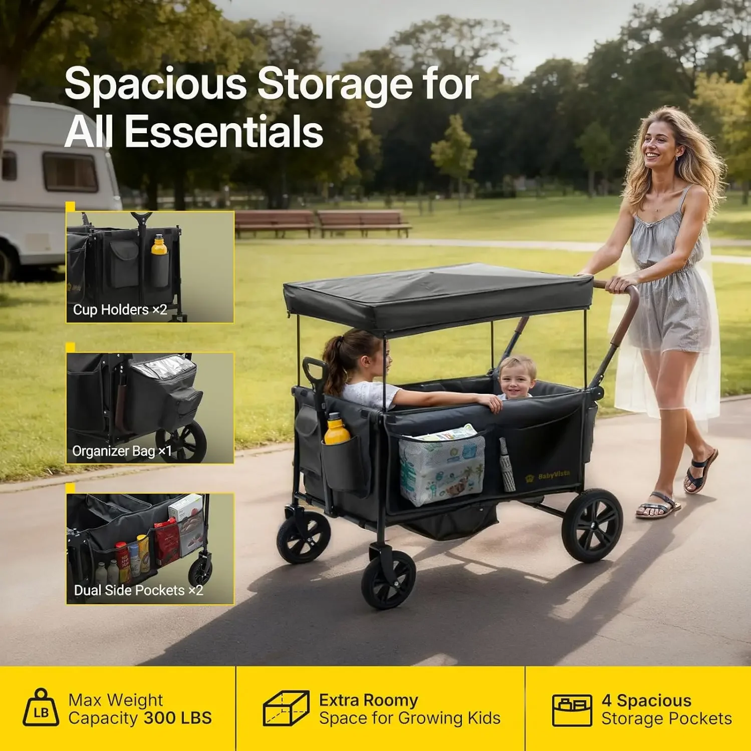 Stroller Wagon for Kids, One-Hand Adjustable Push/Pull Handle, Spacious Storage, 8