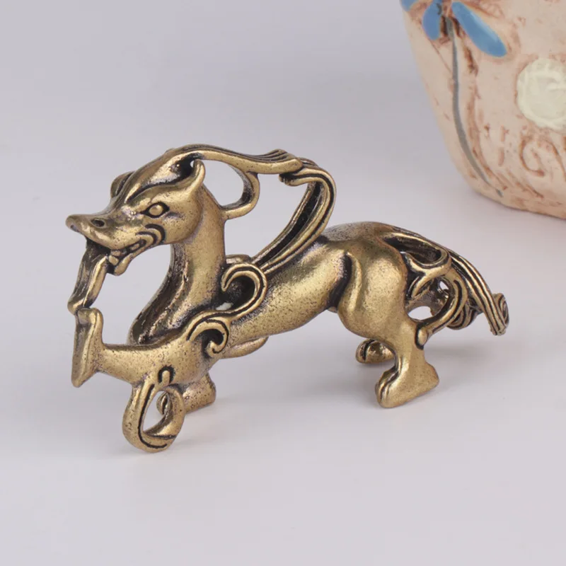 Antique Brass Small Pixiu Ornament Solid Brass Desktop Paperweight Antique Copperware Home Tea Pet