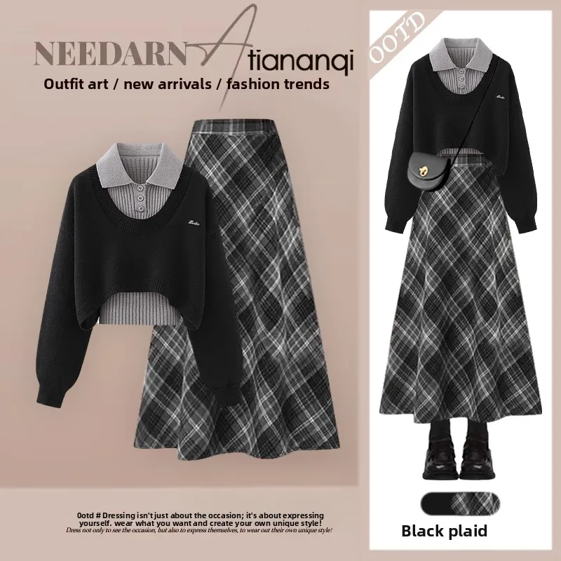 

Anti-Aging Knitted Sweater And Plaid Skirt Set for Women Spring 2026 Korean Retro College Sle Tee-Piece Ensemble