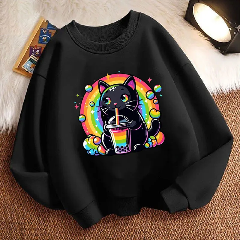Kawaii Cat Drinking Juice with Rainbow Design Children's Pullover Hoodie Sweatshirt Cute Hoody Girls Spring Casual Hoodies