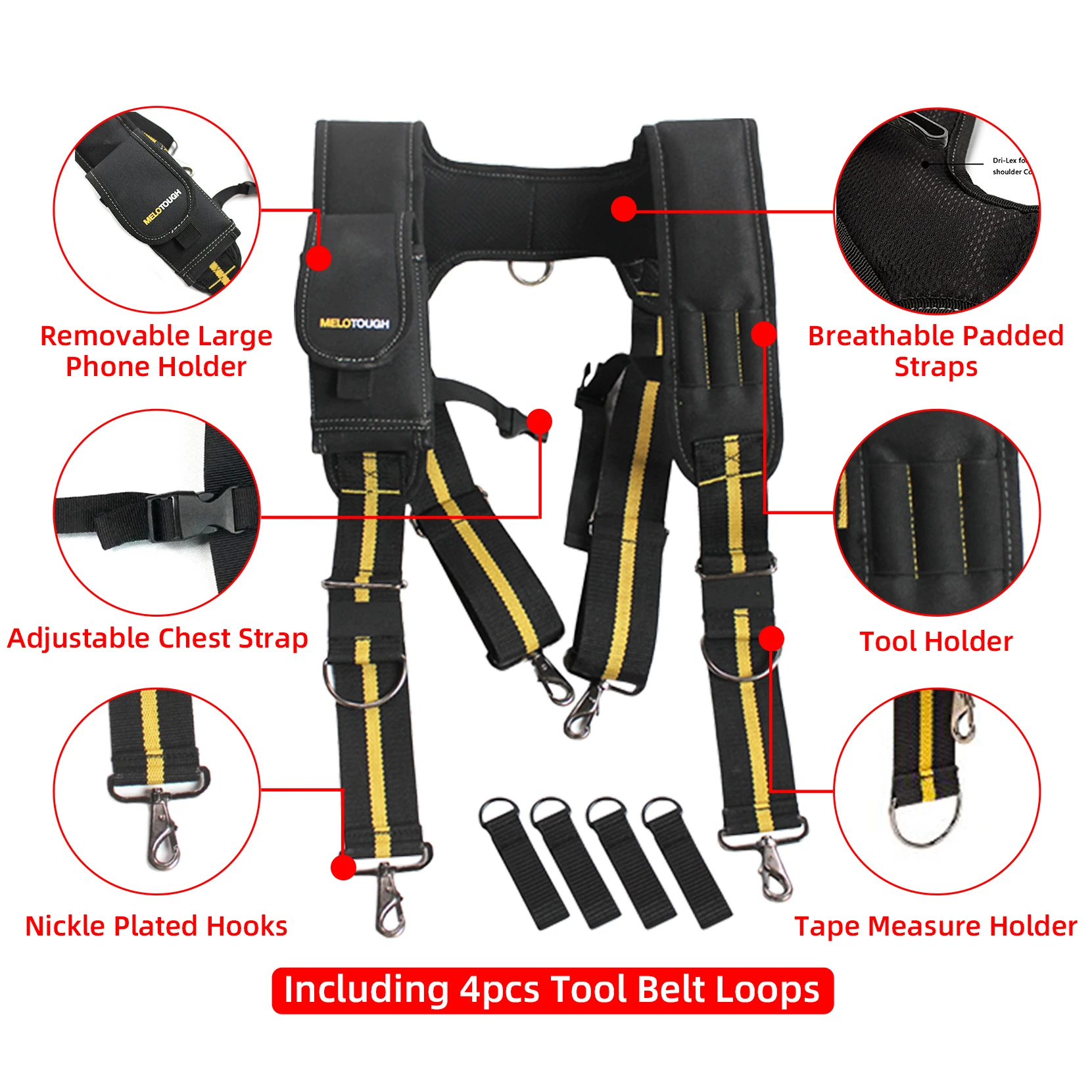 حزام أدوات حمالات ميلوتو مع حامل هاتف كبير قابل للحركة ، حمالات مبطنة ، حجم قابل للتعديل