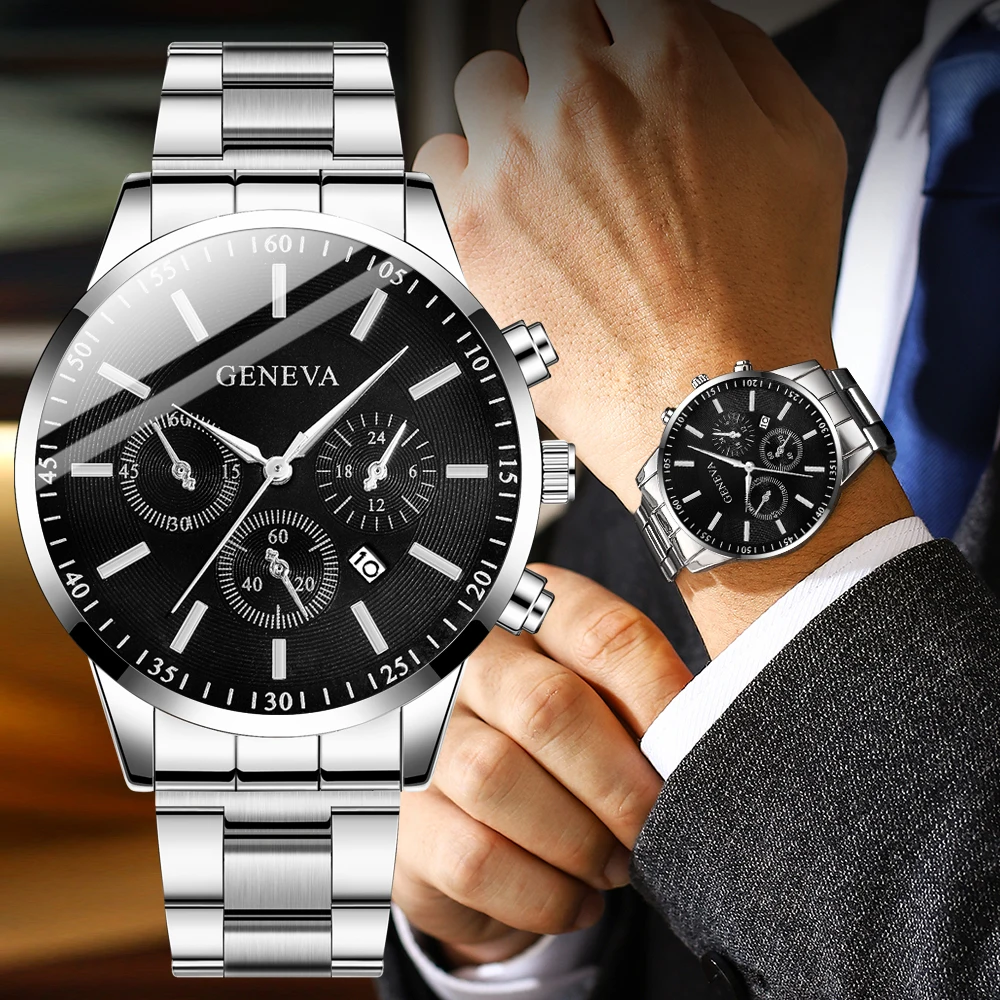 4pcs men's watch luxury steel strip quartz watch with necklace bracelet set suitable for daily wear and holiday gifts