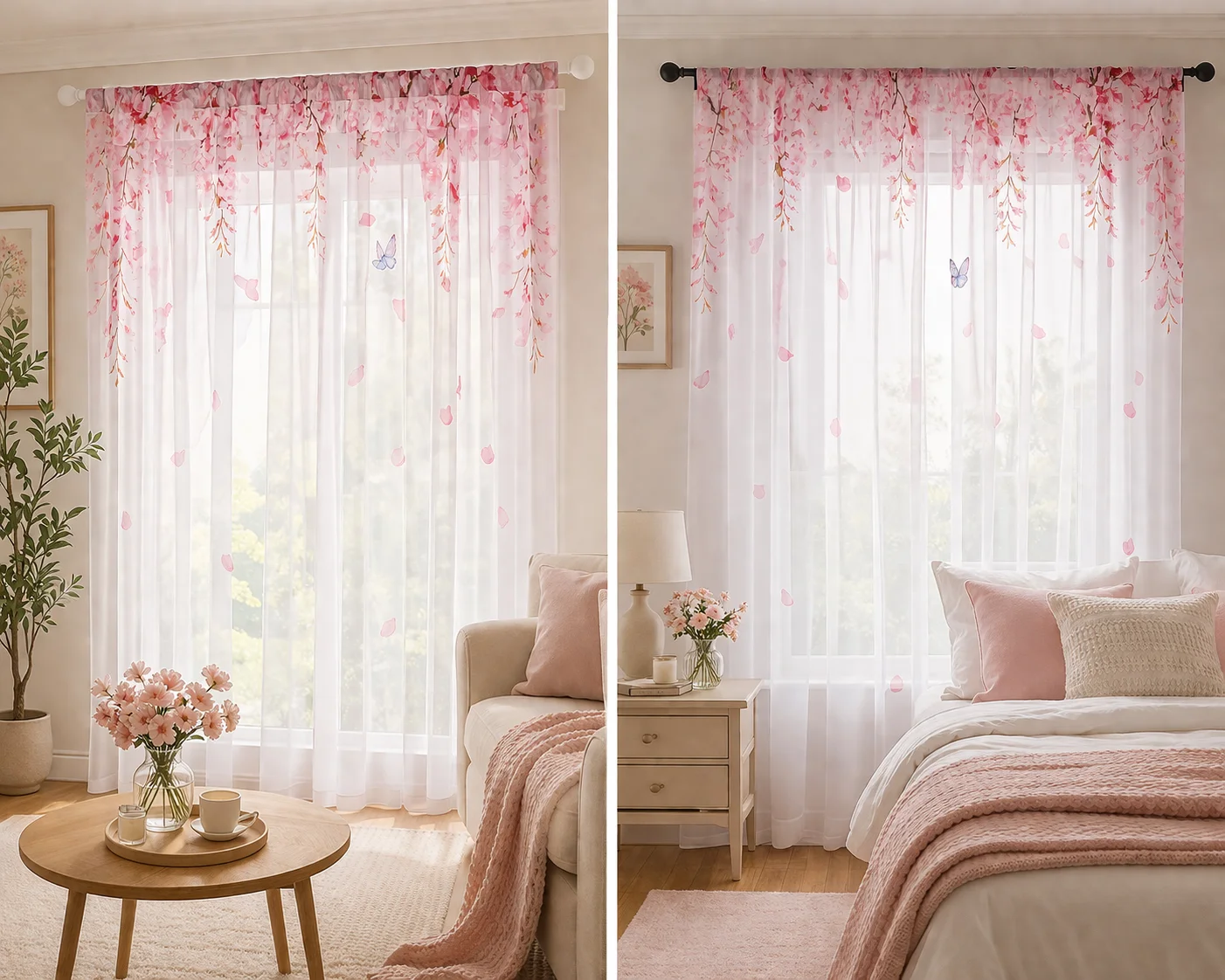 1Pc Pink Floral Gradient Sheer Curtain, Good Quality Light Reducing Privacy Voile for Living/Bedroom/Kids Room,Mother's Day Gift