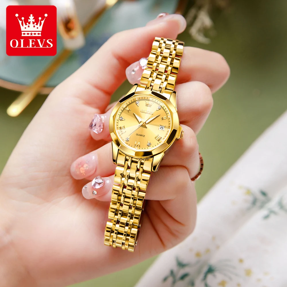 OLEVS Quartz Watch for Women Solid Stainless Steel Strap Rhombus Design Elegant Ladies Wristwatch Bracelet Necklace Gift Box Set