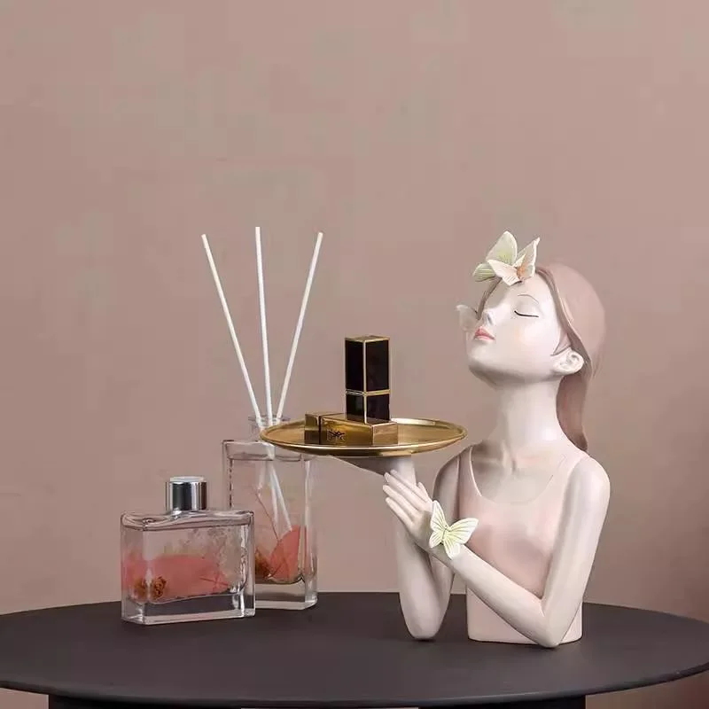Cute Resin Butterfly Girl Figure Ornaments Home Room Desktop Cosmetics Snack Storage Tray Statues Decoration Shop Window Display