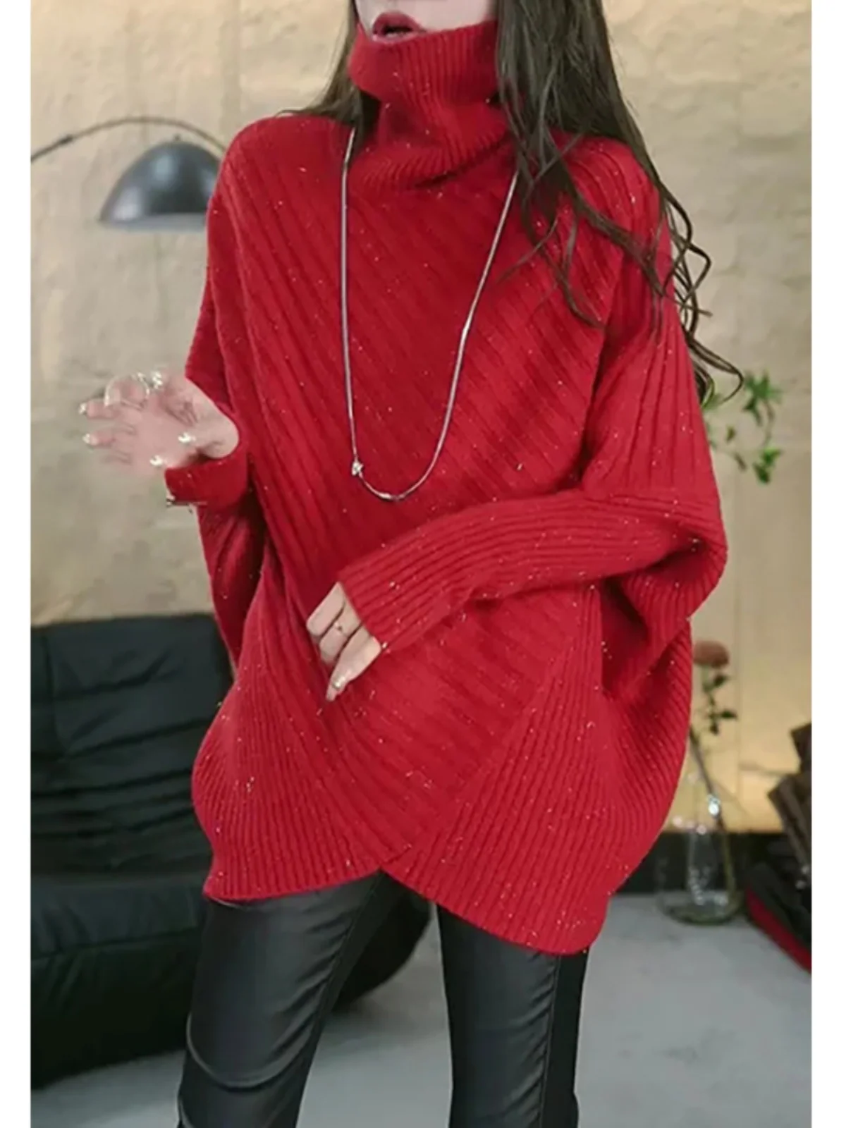 

Red Knitted Sweater with iny Tead High Collar Batwing Sves Mid-Length Loose Fit Top for Women Ele Sle