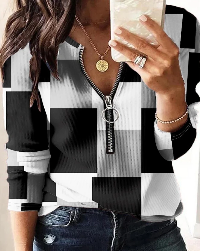 2023 Autumn Winter Casual Temperament Commuting Long Sleeves Fashion Slim Fitting Geometric Print Zipper Design Tops for Women