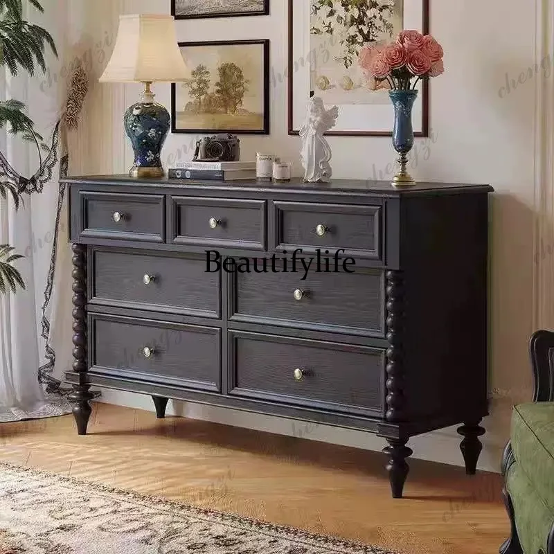 American solid wood retro living room bedside cabinet middle antique wall side cabinet storage drawer cabinet